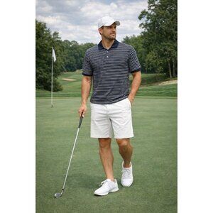 Ashworth Golf Polo Shirt Mens L Navy Blue White Stripe Short Sleeve Logo